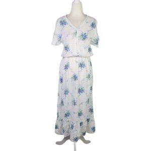 Vintage 70s white and blue floral midi dress M